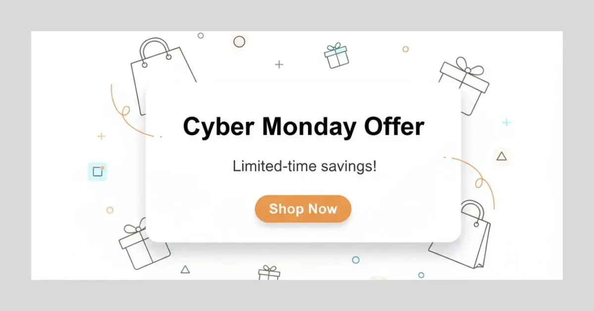 Minimal SaaS-style blog illustration of a holiday promotional popup, showing a Cyber Monday or Mother’s Day offer with a clean rounded card, call-to-action button in brand color #e18b22, and subtle seasonal accents like gifts or floral shapes, highlighting timely and relevant promotions.